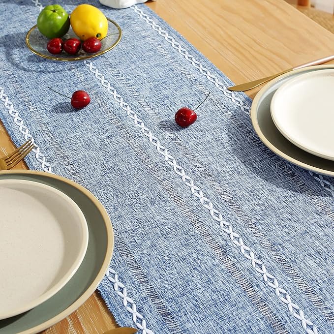 Rustic Farmhouse Style Linen Table Runner, Boho Handmade Tassel Hemstitched Embroidered Small Table Runners 48 Inches Long for Holiday Party, Dresser and Dining Decorations, 13 x 48 inch - Blue