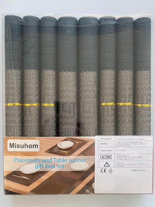 Placemats with Table Runner Set Place Mats, Woven Crossweave Placemat Vinyl Kitchen Tablemat, Washable PVC Table Mats for Dining Table, Parties, Farmhouse, Thanksgiving, Christmas & Gathering (Blue C)