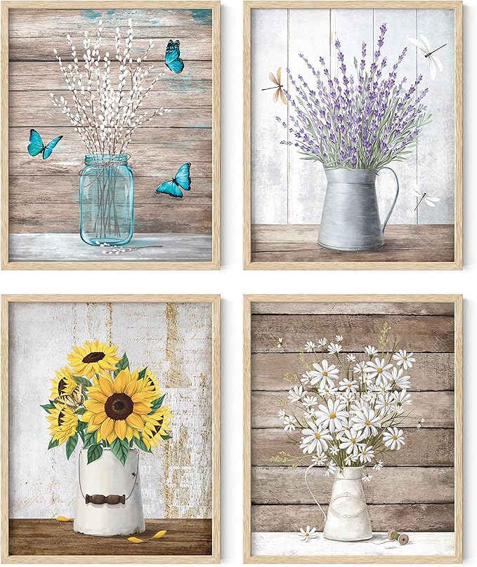HAUS AND HUES Flower Wall Decor - Set of 4 Floral Wall Art, Floral Wall Decor, Flower Wall Art, Flower Painting with Frame, Floral Pictures Wall Decor, Flower Pictures Wall Decor (Beige Frame, 16x20)