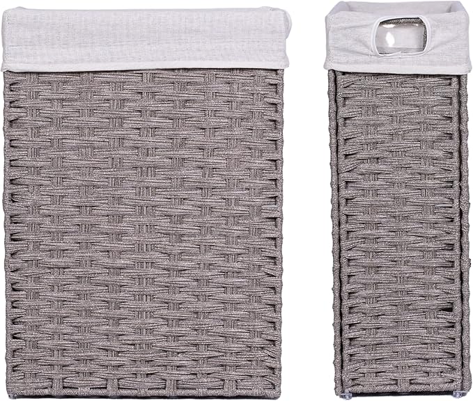 BIRDROCK HOME 22" Laundry Hamper with Removable Liner Bag - Handwoven PE Rattan Clothes Basket - Compact & Collapsible Laundry Storage for Bedroom & Bathroom - Perfect for Small Spaces - Slim, Grey