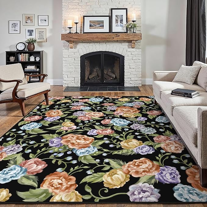 Black Area Rug 8x10 Floral Living Room Indoor Non Slip Bedroom Large Boho Carpet Washable Low Pile Soft Accent Rug for Office Dining Room Farmhouse