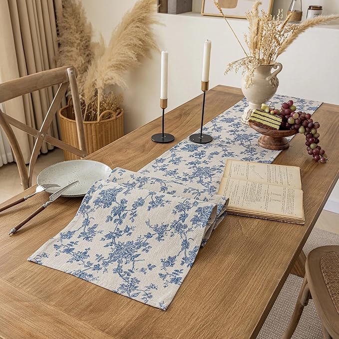 Pastoral Table Runner - 14 x 60 Inch Rectangle - Beige Linen - Washable Tabletop with Dust-Proof Wrinkle Resistant for Restaurant, Picnic, Indoor and Outdoor Dining, Floral (Dark Blue)