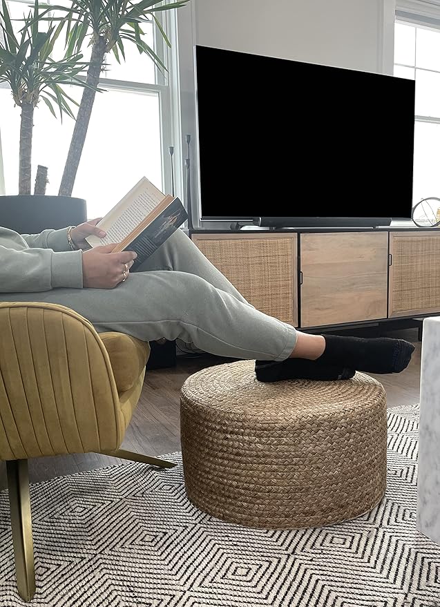 Scandilivin Homes Pouf Ottoman - 100% Natural Jute Braided- Footrest Pouf Hand Knitted - Traditional Cord Boho Pouffe - for The Living Room, Bedroom, Nursery, Patio, Lounge (20" x 20" x 10")
