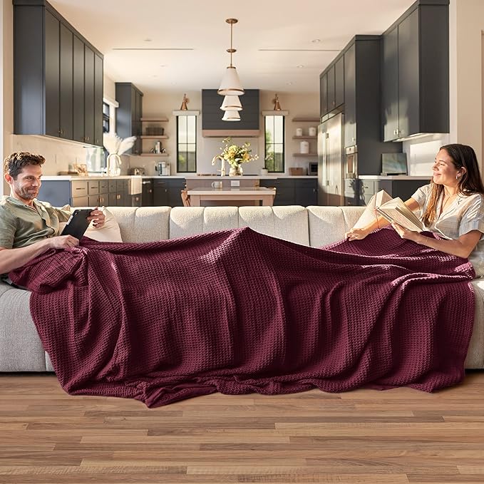 Bedsure 100% Cotton Blanket King Size for Bed - Breathable and Soft, Waffle Weave Blanket for Summer Spring, Burgundy Red, 104x90 inches