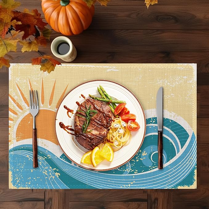 Japanese Style Waves Placemats Set of 6,Washable Heat Resistant 12×18 Inch Linen Table Mats Vintage Landscape Place Mats for Party Outdoor Dining Décor