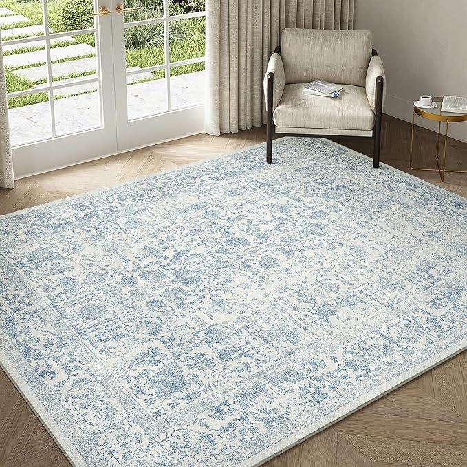 Blue Area Rug 5x7 Machine Washable Vintage Living Room Distressed Non Slip Carpet Traditional Indoor Bedroom Retro Floral Accent Throw Large Rug Office Kitchen Bathroom Dining Room