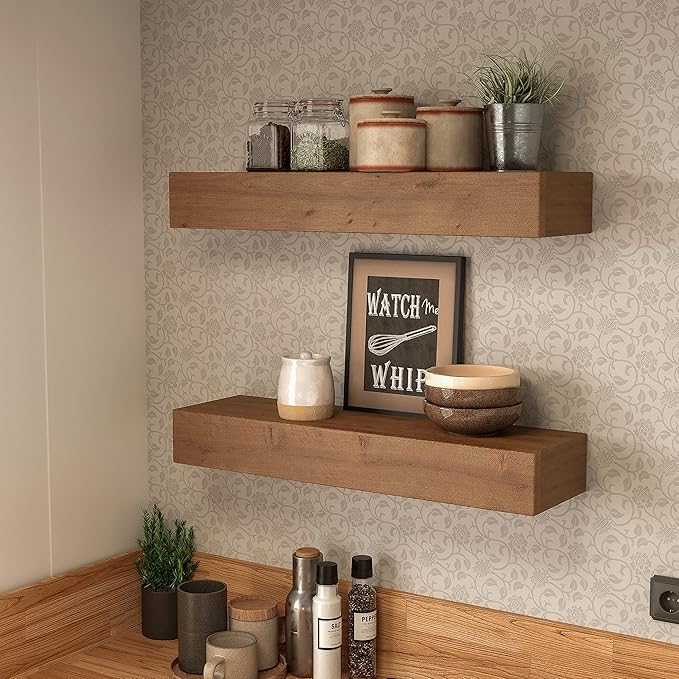 Wall Floating Shelves, Rustic Wood Wall Shelf Handmade (Light Walnut, 24 Inch - 2 Pack)