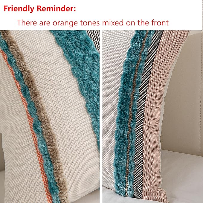 Boho Pillow Covers 18x18 Set of 2 for Couch-Modern Farmhouse Sofa Decorative Teal Throw Pillow Covers Textured Chenille Cushion Covers Outdoor Netural Bohemian Pillow Cases Square