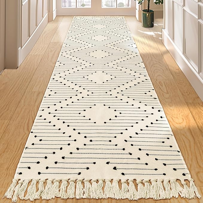Tritard Boho Runner Rug 2x10 - Washable Lightweight Long Hallway Rug with Tassel, Woven Farmhouse Kitchen Runner Rugs Cotton Aztec Low Pile Thin Carpet for Entryway, Laundry, Bathroom, Beige Cream