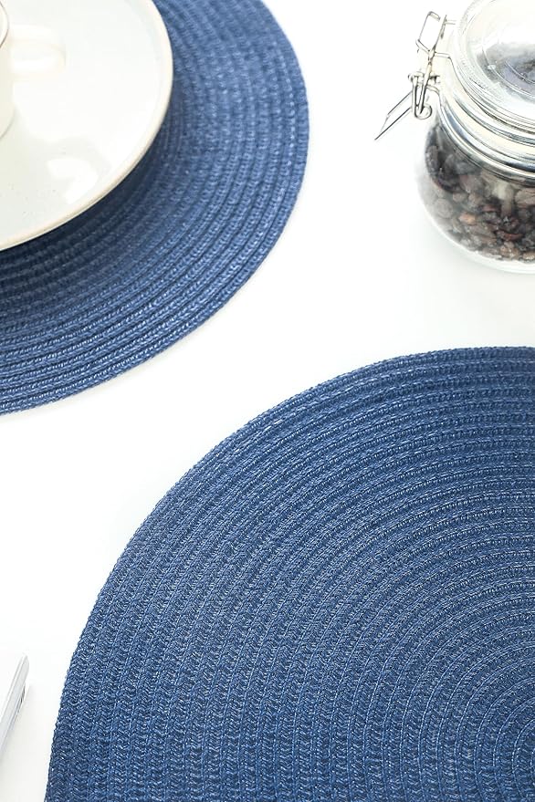 Floroom 15 Inch Round Braided Placemats Set of 4, Washable Heat Resistant Cotton Polyester Circle Place Mats for Kitchen Dining Table - Sail Blue