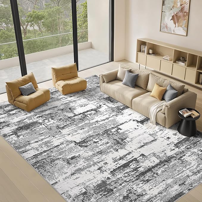 Area Rugs for Living Room: 5x7 Thickened Abstract Washable Rug Modern Neutral Soft Stain Resistant Non-Slip Backing Carpet for Bedroom Dining Room Indoor Home Office - Black Grey