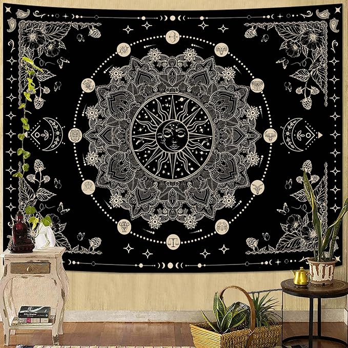 Lunerfex Sun and Moon Mandala Tapestry Boho Tapestry for Bedroom Black and White Tapestries Wall Hanging Living Room Wall Art and Home Decor 70x90