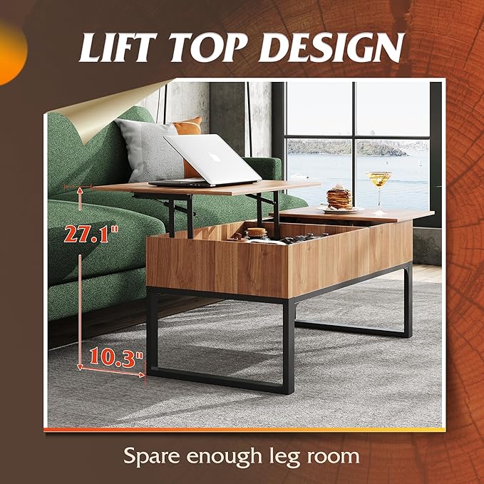 WLIVE Lift Top Coffee Table with Storage, 40.9" Coffee Table with Lifting Top & Sliding Cover, Wood Modern Center Table with 2 Hidden Compartment for Living Room, Walnut Oak