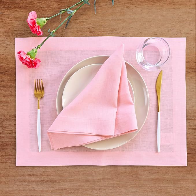 Solino Home Linen Placemats Set of 4 - Pink Lemonade Placemats 14 x 19 Inch - 100% Pure Linen Table Place Mats for Summer - Fete