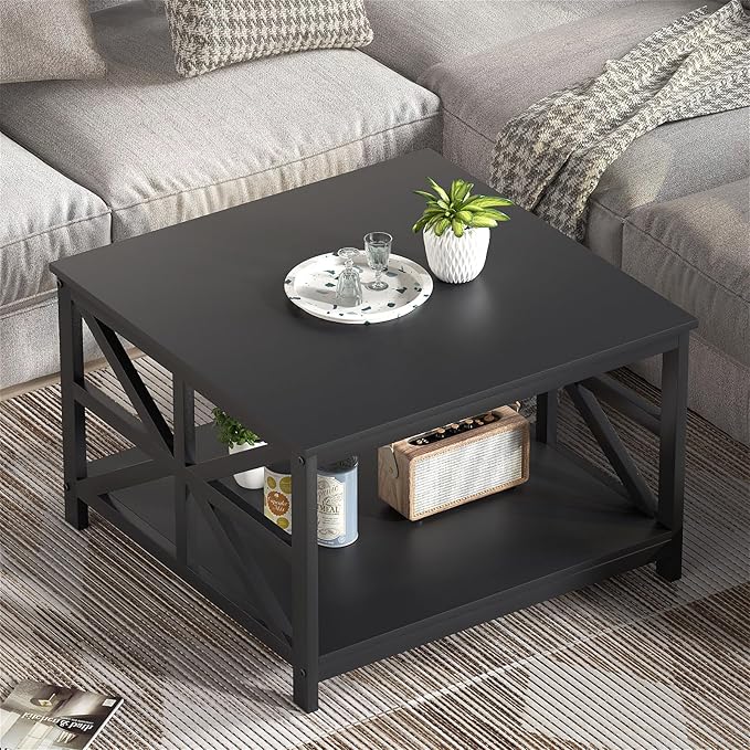 GreenForest Coffee Table with Storage for Living Room, Small Square Center Tables with Seamless One-Piece Tabletop Farmhouse Style, Black