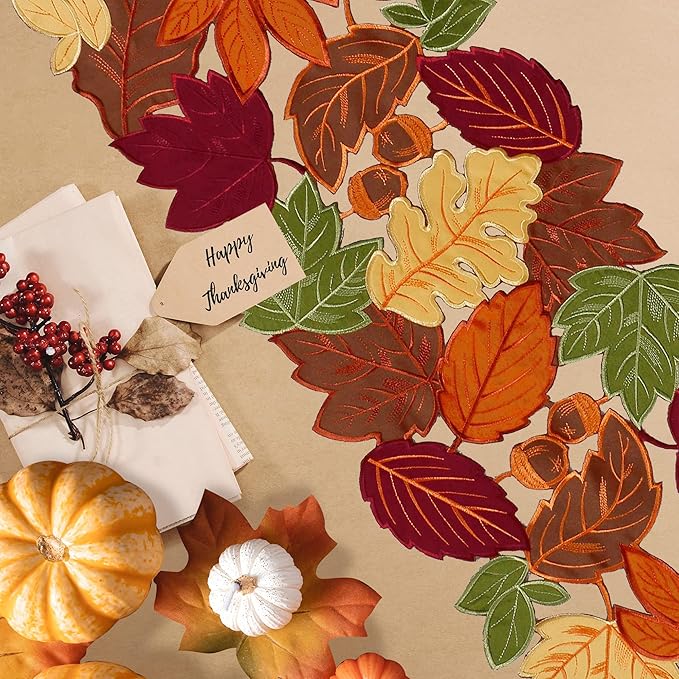 OWENIE Fall Table Runner, Thanksgiving Table Runner 120 Inches Extra Long, Harvest Leaves Home Decor for Autumn Season, Cutwork Embroidered Leaf Decoration for Holiday, 13 x 120 Inches Dresser Scarf