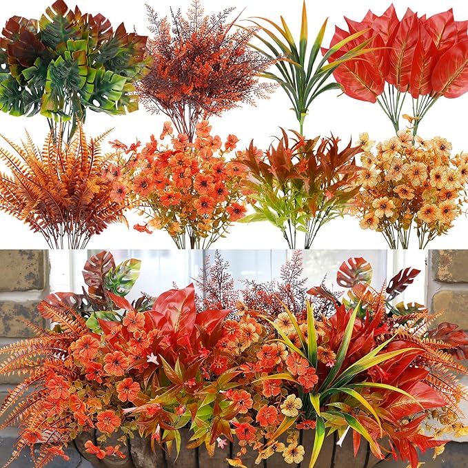 20 Bundles Artificial Fall Flowers for Outdoor Decoration, Fake Plants Faux Mums Flowers UV Resistant Daisy Boston Fern Fall Stems for Autumn Planters Window Box Garden Porch Indoor Home Decor