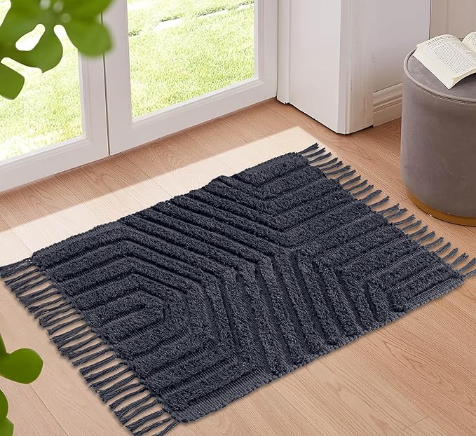 Boho Bathroom Rug 2' x 3', Washable Hand-Woven Tufted Cotton Rug with Tassels for Entryway 24x36 inch, Foyer, Bedroom, or Kitchen - Dark Grey