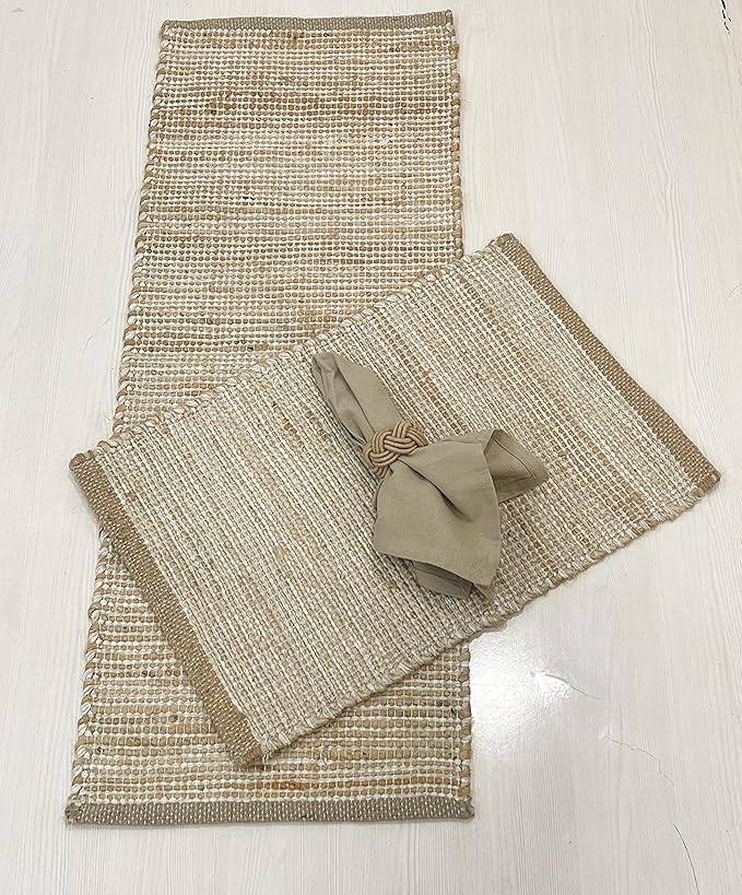 Chardin home Natural Jute Table Runner 13x48 Inch – Vintage Boho Rustic Table Decor – Handwoven Jute Table Runner in Natural and Ivory – Farmhouse Dining or Console Table Accent