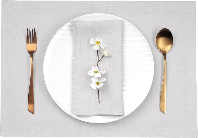 D'Moksha Homes Linen Placemats 14 x 19 Inch - Silver Grey Placemats Set of 4-100% Pure Linen Table Place Mats for Summer - Handcrafted and Machine Washable