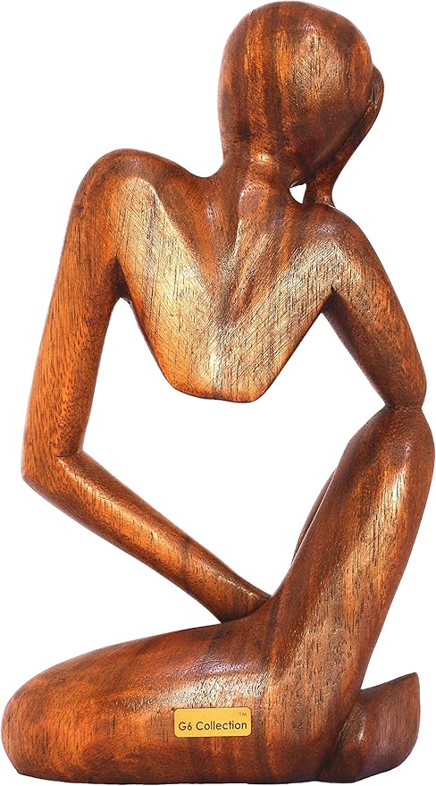 12" Wooden Handmade Abstract Sculpture Thinker Statue Handcrafted - Thinking Man - Gift Art Modern Decorative Unique Home Decor Figurine Accent Decoration Artwork Hand Carved (Brown)