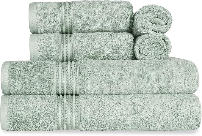 Superior Egyptian Cotton 6-Piece Towel Set, Bathroom Essentials, Towels For Bathroom, Apartment, Airbnb, Guest Bath, Face, Hand, Bath Towels, Washcloths, Absorbent, Fast Drying, Sage