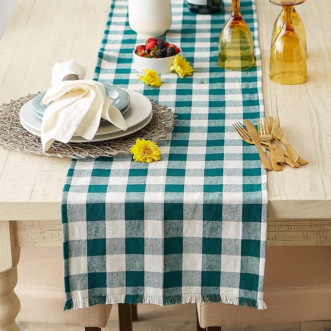 DII Heavyweight Fringed Check Tabletop Collection, Table Runner, 14x108, Teal
