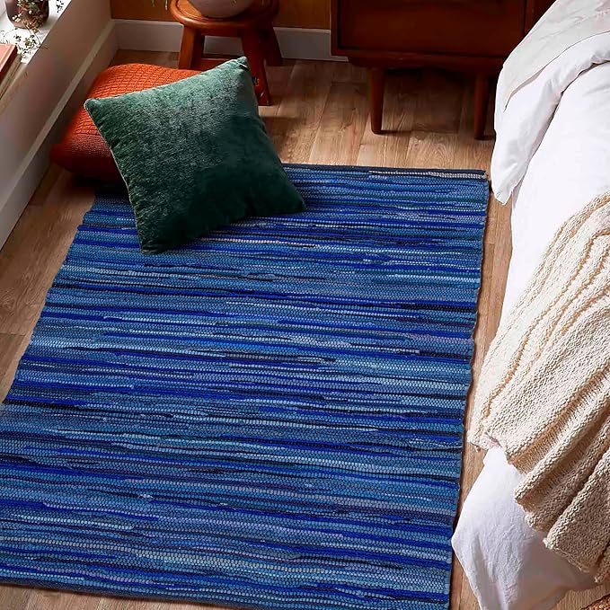 Rug Area Rugs Cotton Navy 3x5 Ft Multicolour Chindi for Livingroom Bedroom Washable RagRug Reversible Farmhouse Kitchen RunnerRug Carpet Area Runner Mat for Hallway, Entryway