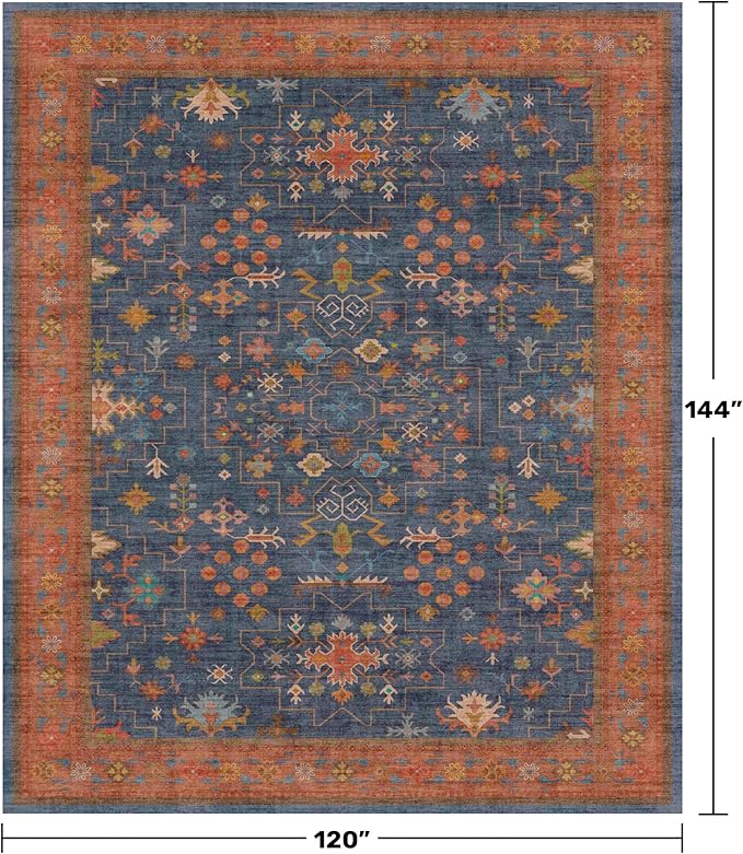 Boho Navy Blue 10x12 Area Rug for Living Room, Extra Large Dining Room Rugs for Under Table, Soft Low Pile Carpet for Bedroom - Vintage Floral Rug, Non-Slip, Lightweight & Stain Resistance