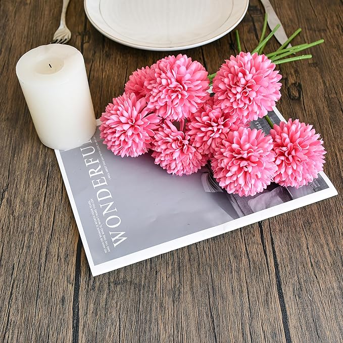Mandy's Hot Pink Artificial Ball Chrysanthemum 12 Stems Faux Flowers with Bendable Stems for DIY Wedding Centerpiece Fall Decor Home Arrangements
