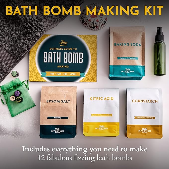 DIY Gift Kits Bath Bomb Making Kit, Make 12 All Natural Bath Bombs at Home, Made in The USA, 100% Pure, 4 Essential Oils, Epsom Salts, Cupcake Mold Liners, Recipes. STEM Science Kit or Gift