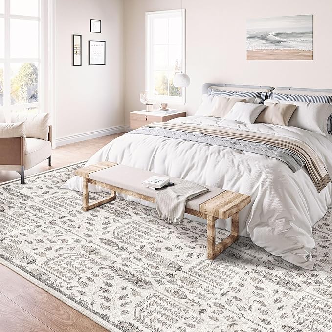 Area Rug 5x7 Washable Grey Carpet Non Slip Large Boho Thin Floral Farmhouse Throw Accent Rug for Living Room Bedroom Office Kitchen Bathroom