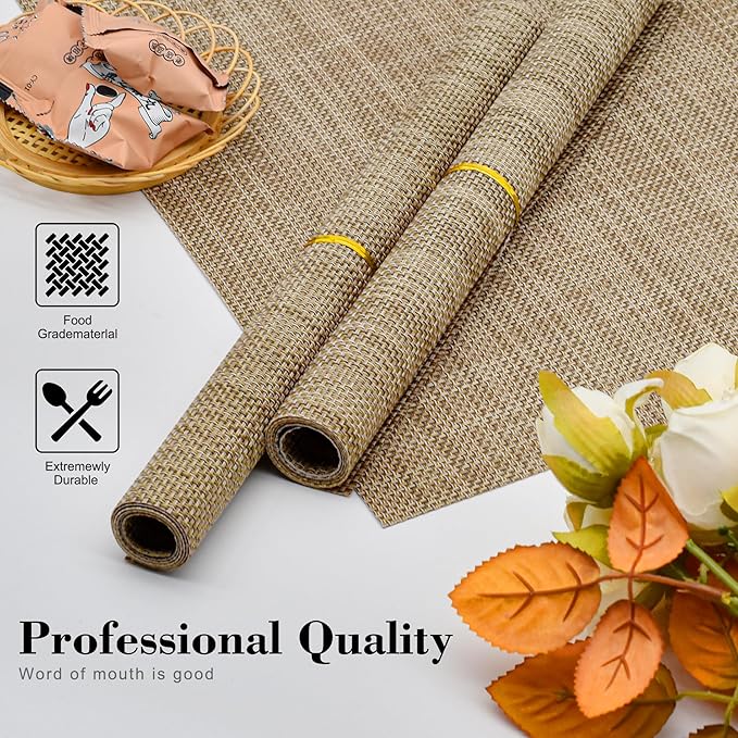 Placemats Set of 6 Washable Indoor/Outdoor Vinyl Place Mats for Dining Table Durable Non-Slip Heat Resistant PVC Weave Table Mats(Khaki)