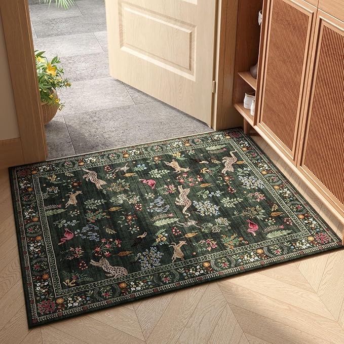 Door Mat Indoor Entrance 2x3 Rug Machine Washable Boho Floral Animal Small Area Rug Non-Slip Low Pile Throw Rugs for Entryway, Kitchen, Front Door Indoor Entrance, Entry, Kids Room (Green)