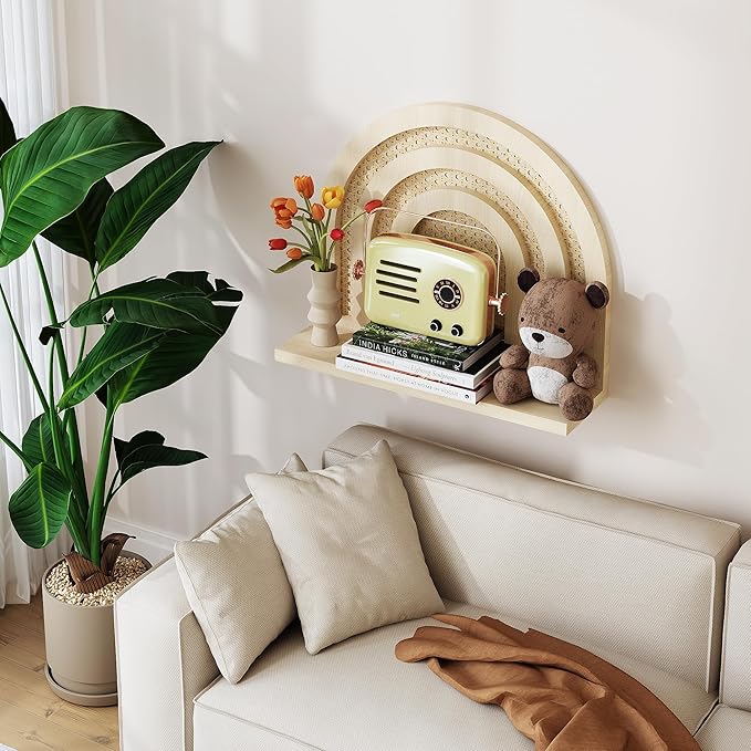 Rattan Wall Arched Shelf - Boho Nursery Decor, Woven Natural Wood Wicker, 15''L Neutral Handcrafted, Rainbow Decorative for Living Room, Bedroom & Bathroom