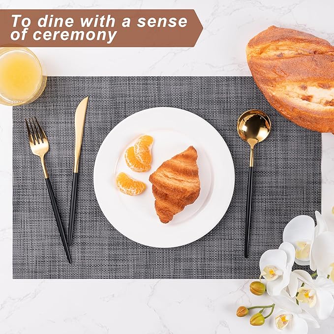 Placemats Set of 6 Washable Indoor/Outdoor Vinyl Place Mats for Dining Table Durable Non-Slip Heat Resistant PVC Weave Table Mats(Gray Black)