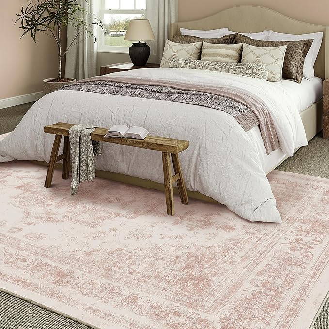 Area Rug 5x7 Washable Pink Rug Vintage Boho Medallion Large Distressed Retro Carpet for Living Room Non Slip Indoor Low Pile Small Soft Bedroom Dining Room Home Office