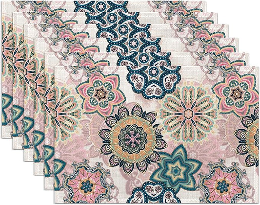 Spring Summer Floral Placemats Set of 6,Washable Heat Resistant 12×18 Inch Linen Table Mats Blooming Flowers Mandala Place Mats for Party Outdoor Dining