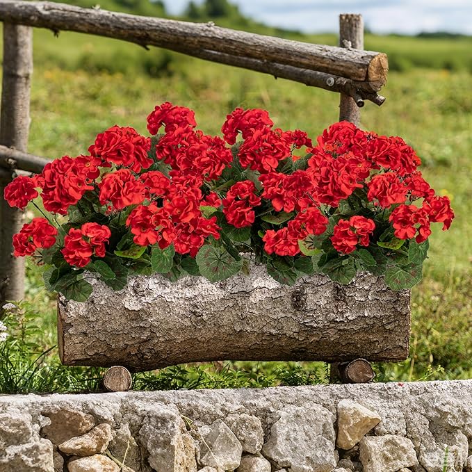 Plastic Flowers for Outdoors Home Decor Fake Plants Artificial Flowers Artificial Geraniums Outdoor Fake Flowers Silk Bouquet, Fall Decor for Interior Porch Garden Decor(Red) 8PCS 14.4"