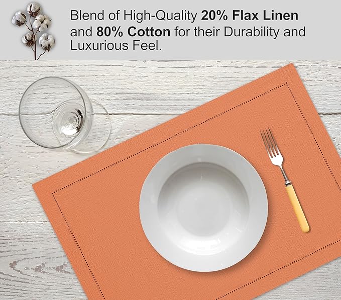 Ruvanti Linen Placemats Set of 6-13x19 Inch, Classic Hemstitch, Heat Resistant Machine Washable Place Mats, Soft & Elegant- Perfect for Christmas, Thanksgiving, Easter, Weddings, Dinner - Orange