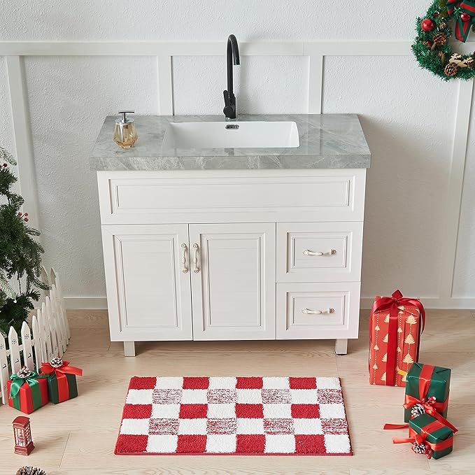CozeCube Christmas Checkered Bath mats for Bathroom Non Slip, Fluffy Absorbent Microfiber Bath mat Washable, Aesthetic Bathroom Rugs, Cute Bath mat for Shower Sink, Christmas Red, 24" x 16"