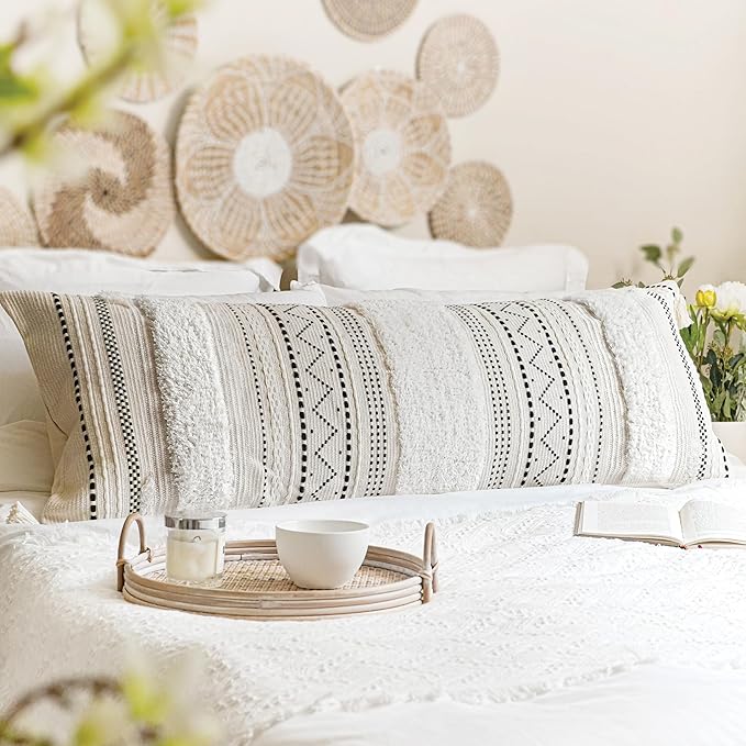 Large Body Pillow Cover for Bed 20x54 Boho Accent Oversized Long Pillowcase for Bedroom Black Neutral White Decorative Cushion Farmhouse Home Décor (Cover ONLY, Pack of 1)