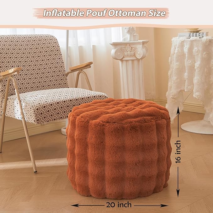 LIFEREVO Faux Rabbit Fur Round Inflatable Pouf Ottoman, 20" X 16" Fluffy Waffle Bubble Floor Poufs Foot Rest for Living Room Bedroom, Furry Pouf Foot Stool Kids Girls Adults, Anti-Slip, Burnt Orange