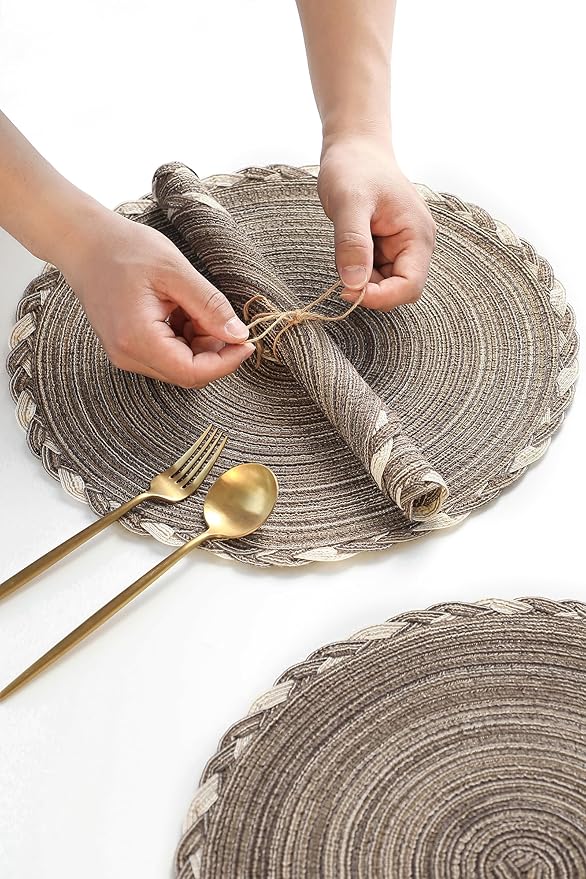 Floroom 15 Inch Round Braided Placemats Set of 4, Washable Heat Resistant Cotton Polyester Circle Place Mats for Kitchen Dining Table - Multicolor Earth Taupe
