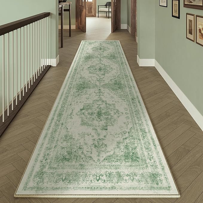 Runner Rug 2x8 Washable Green Hallway Runner Vintage Boho Medallion Non Slip Distressed Retro Carpet Indoor Low Pile Long Soft Rug for Kitchen Entryway Bedroom Bathroom Laundry
