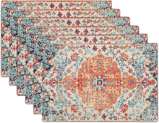 Ethnic Boho Placemats Set of 6 Southwest Orange Blue Teal Carpet Woven Texture Linen Washable Kitchen Dining Table Mats Stain Heat-Resistant Desktop Decor Place Mats for Home Party Indoor 12x18 inch