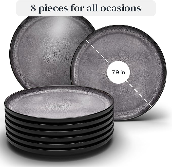 Breakfast Plates, Dessert Plates 8-piece Set Stoneware - Stylish Cake Plates Dishwasher-, Microwave-, Scratch-resistant - Small Plates, Salad Plates in Dark Gray