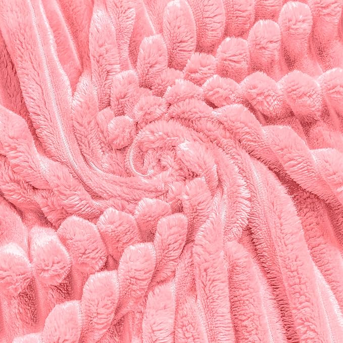 Bnuitland Light Pink Flannel Throw with Storage Pouch,300GSM Super Soft Fleece Stripe Pattern Sofa Blanket for Adults and Kids, Lightweight Cozy Bed Throw for Home Decor All Season