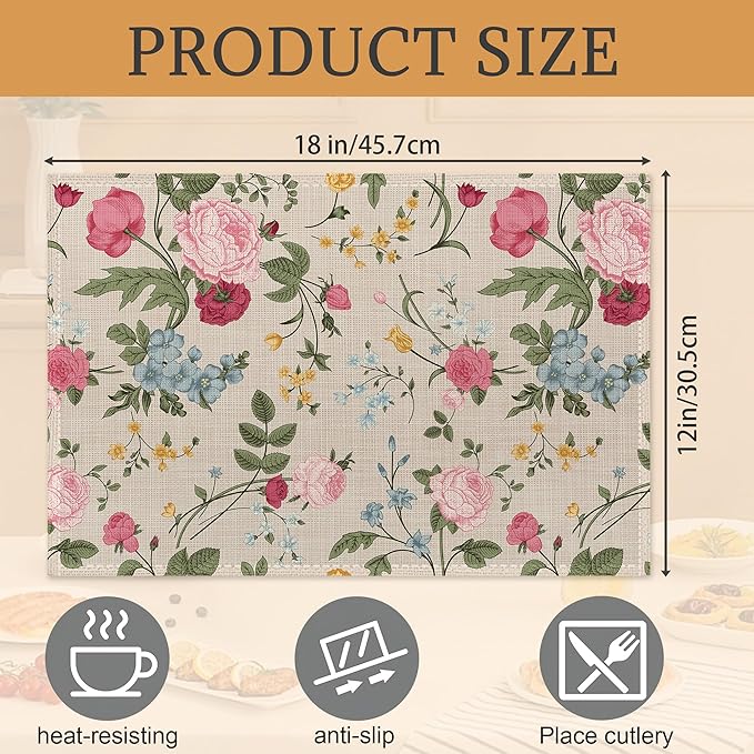 Summer Floral Placemats Set of 6,Washable Heat Resistant 12×18 Inch Linen Table Mats Vintage Rose Place Mats for Summer Party Outdoor Dining Decor