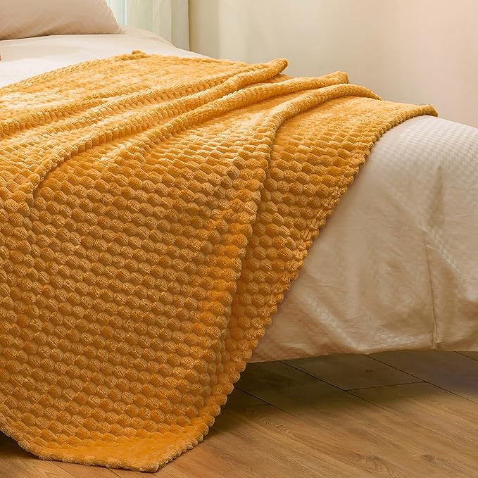 Vessia Flannel Fleece Throw Blanket(50x70 inch), 3D Jacquard Yellow Fuzzy and Warm Blanket for Couch,Sofa,Bed,Chair, 300GSM Super Soft Touch Cozy Lightweight Mustard Throw for All-Season Home Decor